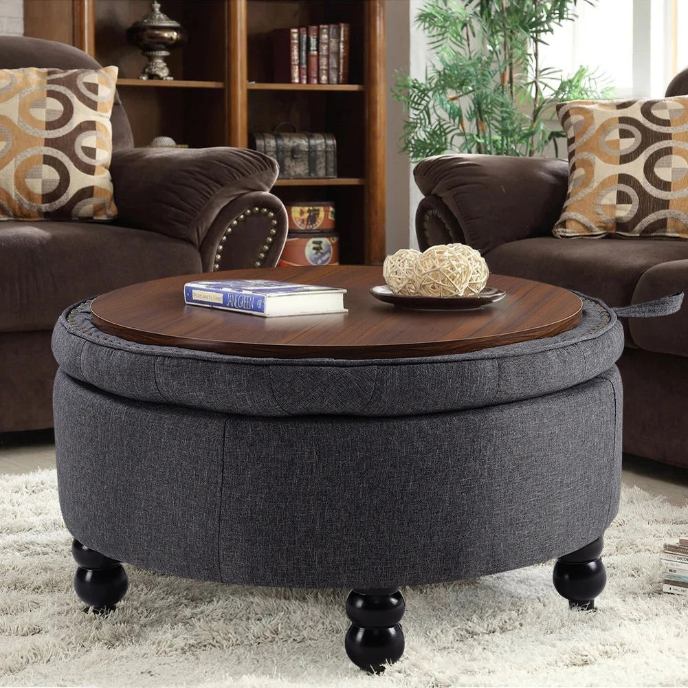 Linen Buttoned Ottoman Storage Footstool , Grey