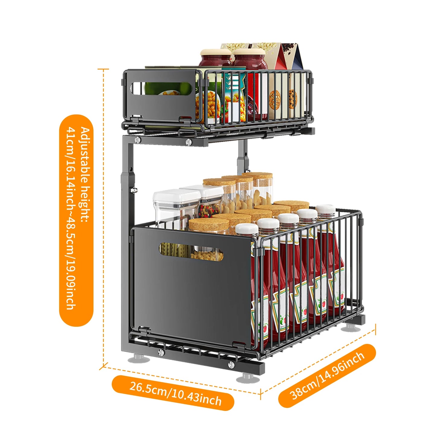 2-tier Under Sink Storage Organizer,Ajustable Sliding Cabinet Storage Basket,Kitchen Storage Rack with suction cups,Pull out Cab