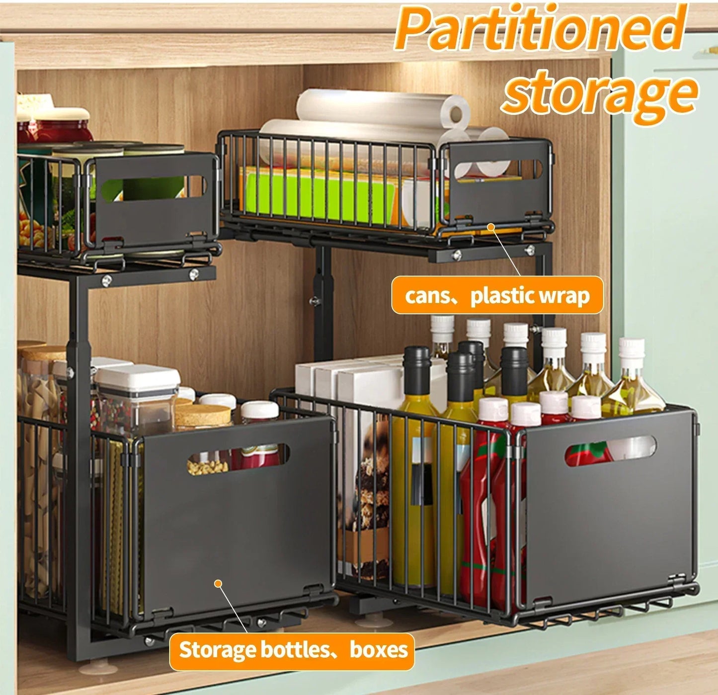 2-tier Under Sink Storage Organizer,Ajustable Sliding Cabinet Storage Basket,Kitchen Storage Rack with suction cups,Pull out Cab