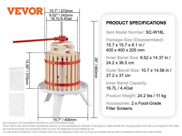 VEVOR Fruit Wine Press 6L/18L/12L Solid Wood Basket  6 or 8 Blocks Manual Juice Maker with Pole Handle Bar for Kitchen and Home