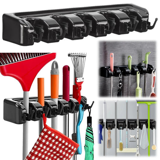 Broom and Mop Holder Mop Organizer Hook 5 Position 6 Hooks Hanger Broom Storage Hook Multipurpose for Kitchen Bathroom