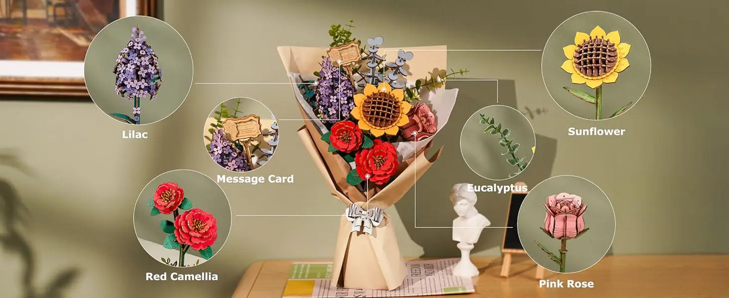 Robotime Rowood Wooden Flower Bouquet 3D Wooden Puzzle Wood Crafts Kits for Adults Home Decor