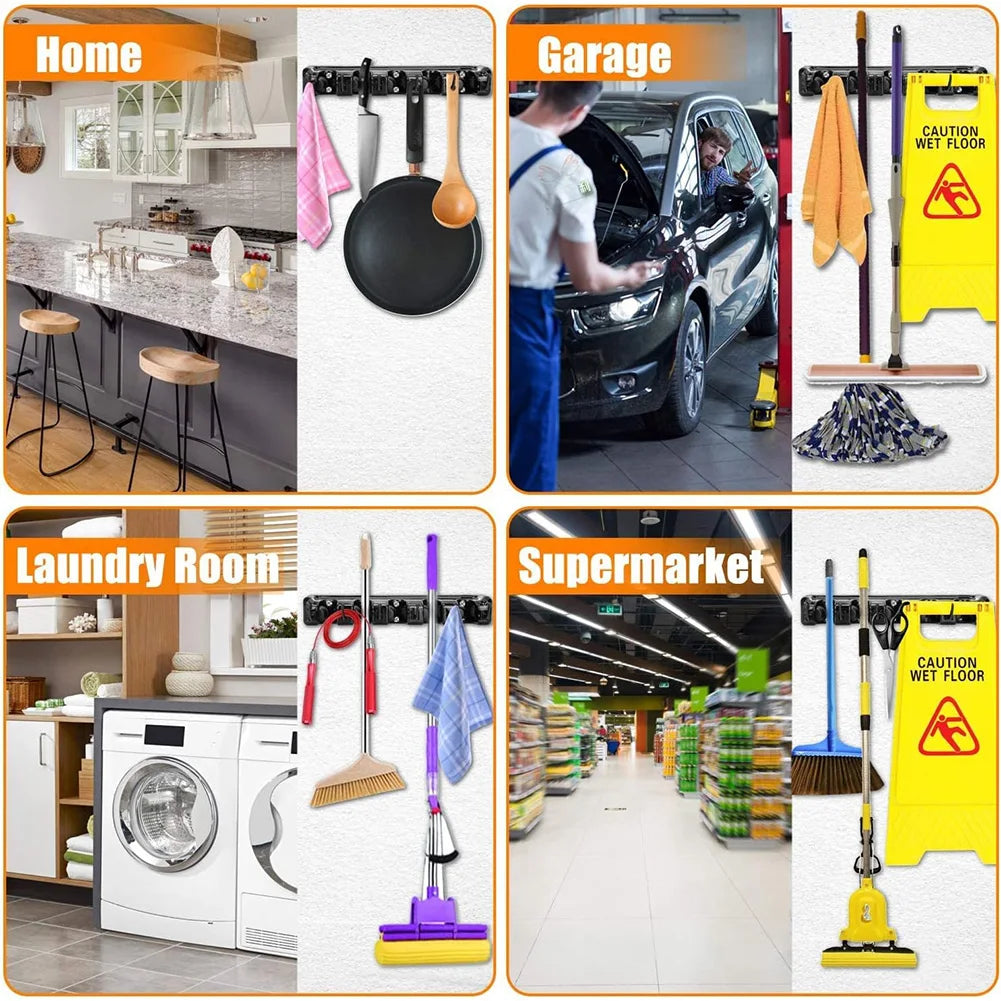 Broom and Mop Holder Mop Organizer Hook 5 Position 6 Hooks Hanger Broom Storage Hook Multipurpose for Kitchen Bathroom