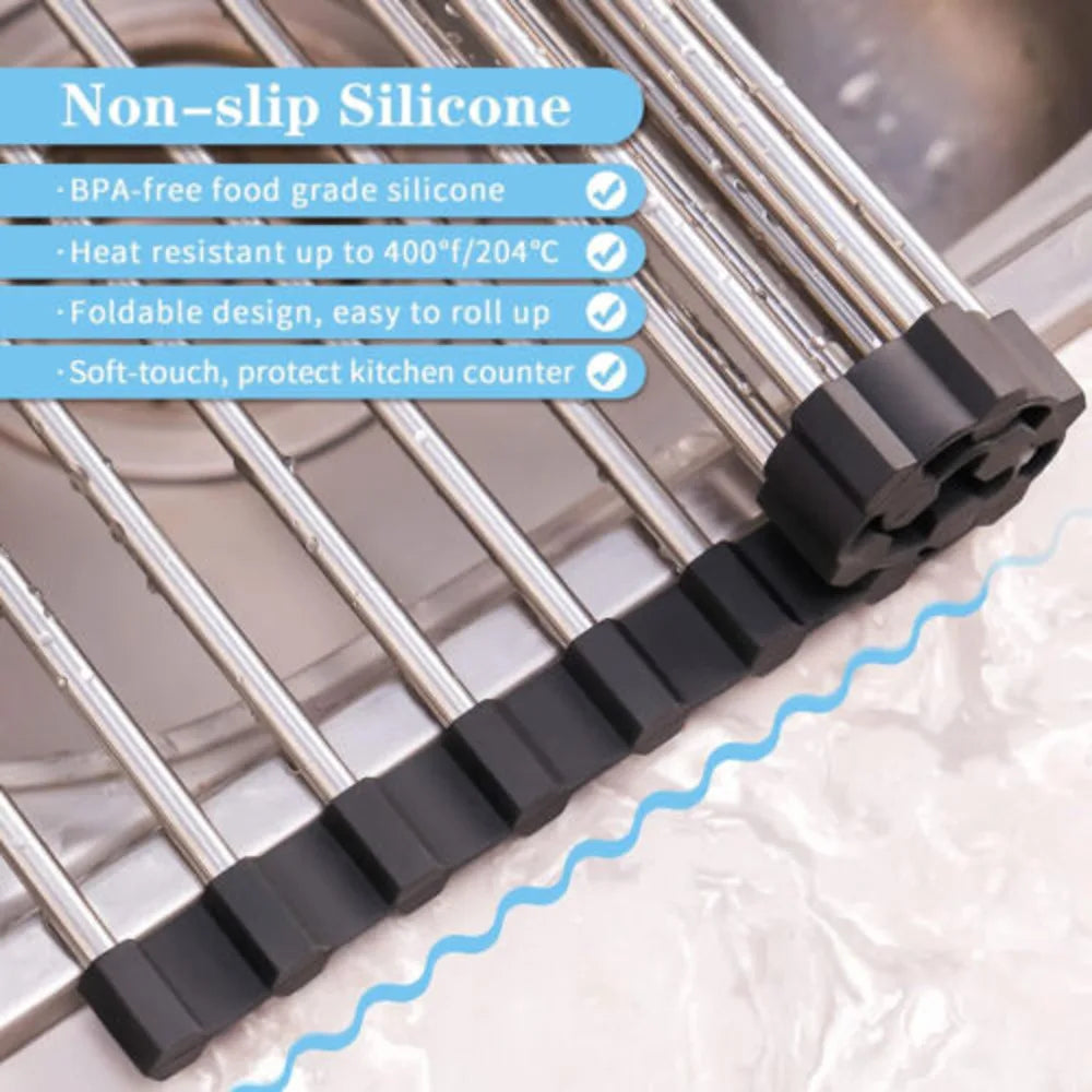 Large Drying Mat Foldable Stainless Steel Over The Sink Dish Roll Up Rack