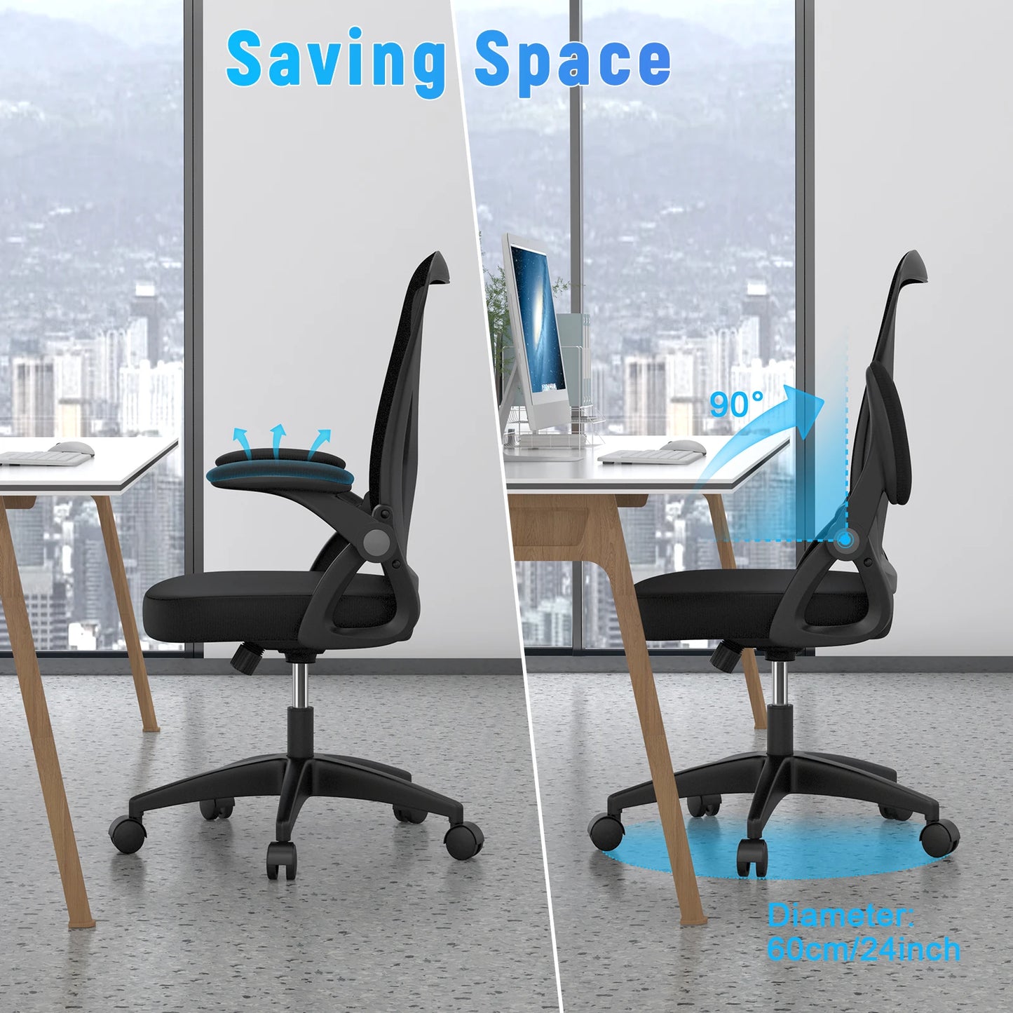 Ergonomic Office Chair with Slide Seat 90° Flip-up Armrest Adjustable Lumbar Support Angle Height Adjustable Home Office Chair