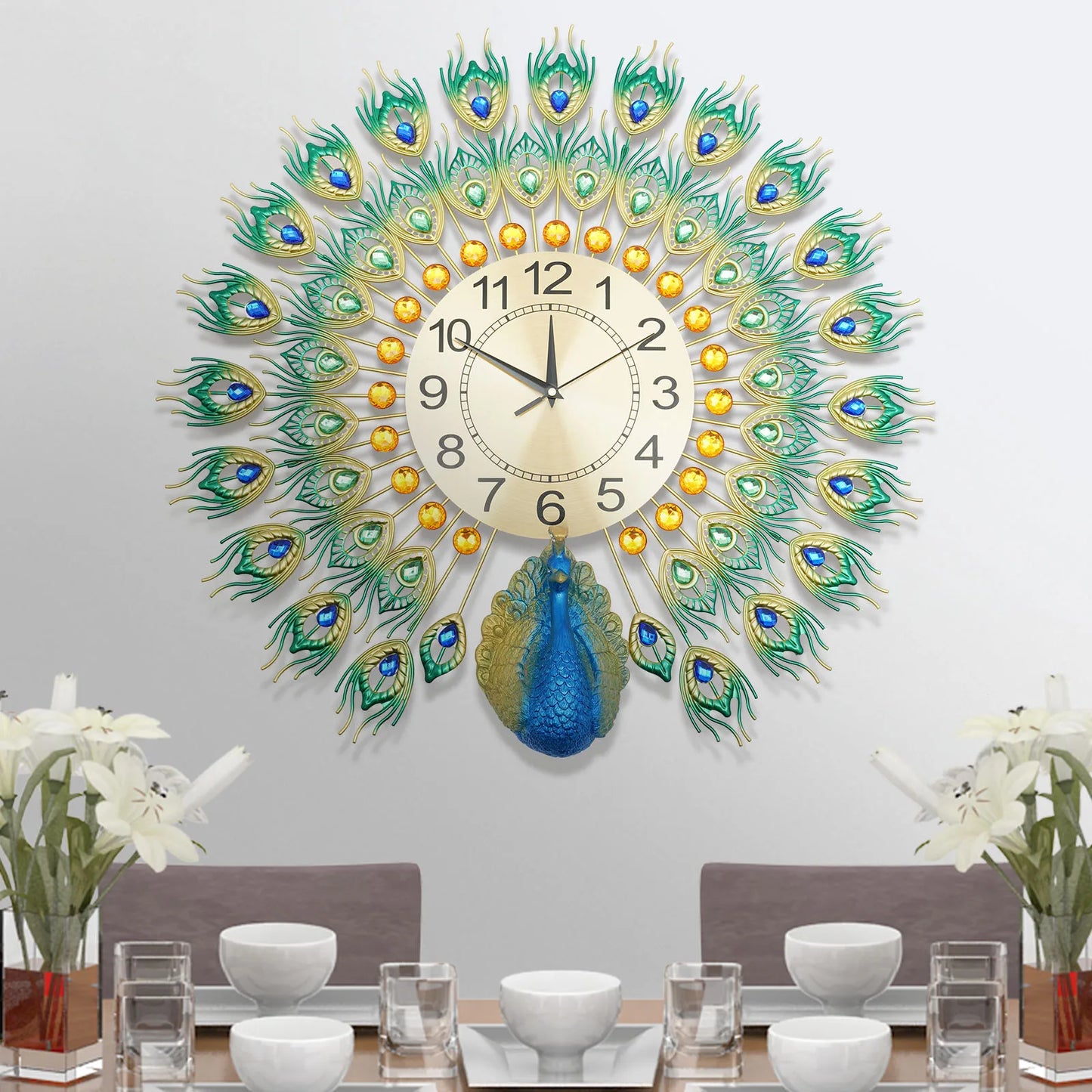 Peacock Clock Metal Silent Wall Clock None Ticking Decorative Large Wall Clock for Living Room Home Decor