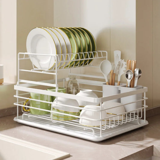 2 Tier Dish Drying Rack Kitchen Adjustable Stainless with Drain Basket Countertop Dinnerware Organizer Drainboard Storage Holde