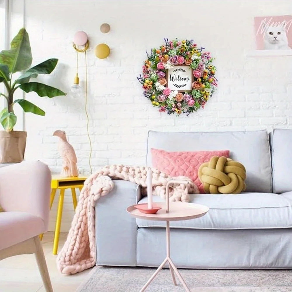 40cm Spring Summer Wreath Front Door Artificial Berries and Colorful Flower Wreath with Welcome Sign Wall Window Greenery Wreath