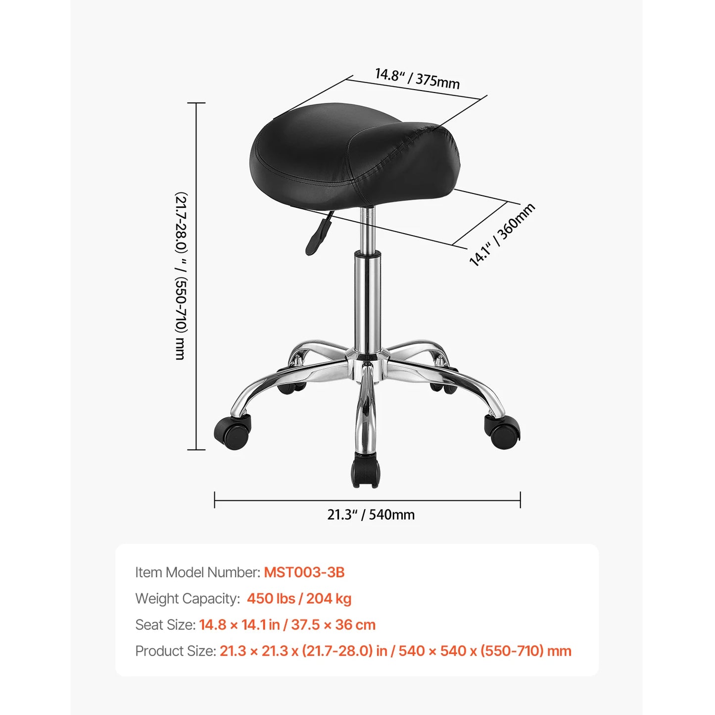 VEVOR Saddle Stool w/ Wheels 450 LBS Weight Capacity Height Adjustable Ergonomic Swivel Saddle Chair for Salon Spa Tattoo Clinic