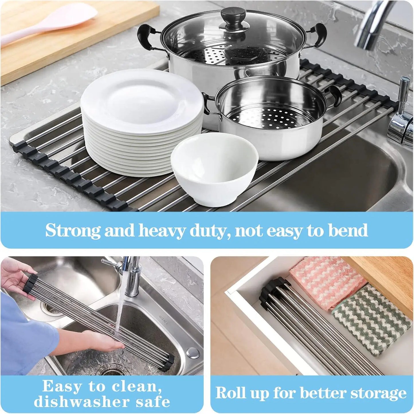 Large Drying Mat Foldable Stainless Steel Over The Sink Dish Roll Up Rack