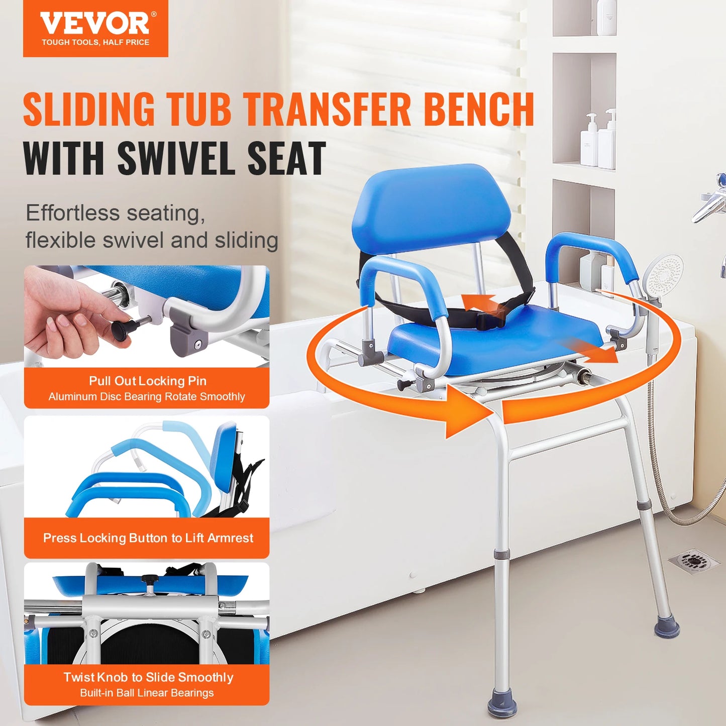 VEVOR Sliding Tub Transfer Bench with 360 Degree Swivel Seat Safety Belt Height Adjustable Bath Chair for Elderly Disabled 330LB