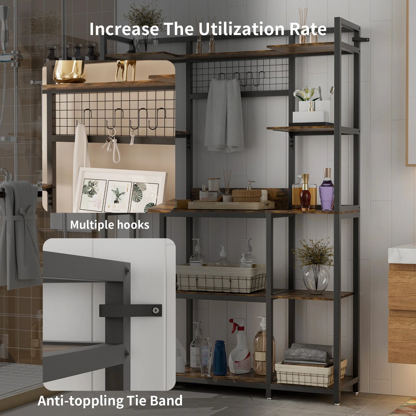 5 Tier Large Baker's Rack Industrial Microwave Stand Kitchen Storage Rack with Hooks and Shelves for Spices Pots and Pans