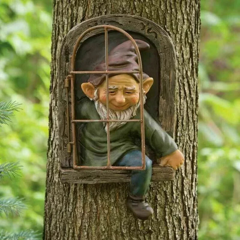 Creative Garden Gnome Statue Elf Out Tree Hug Suitable for Home Courtyard Porch Table Decoration