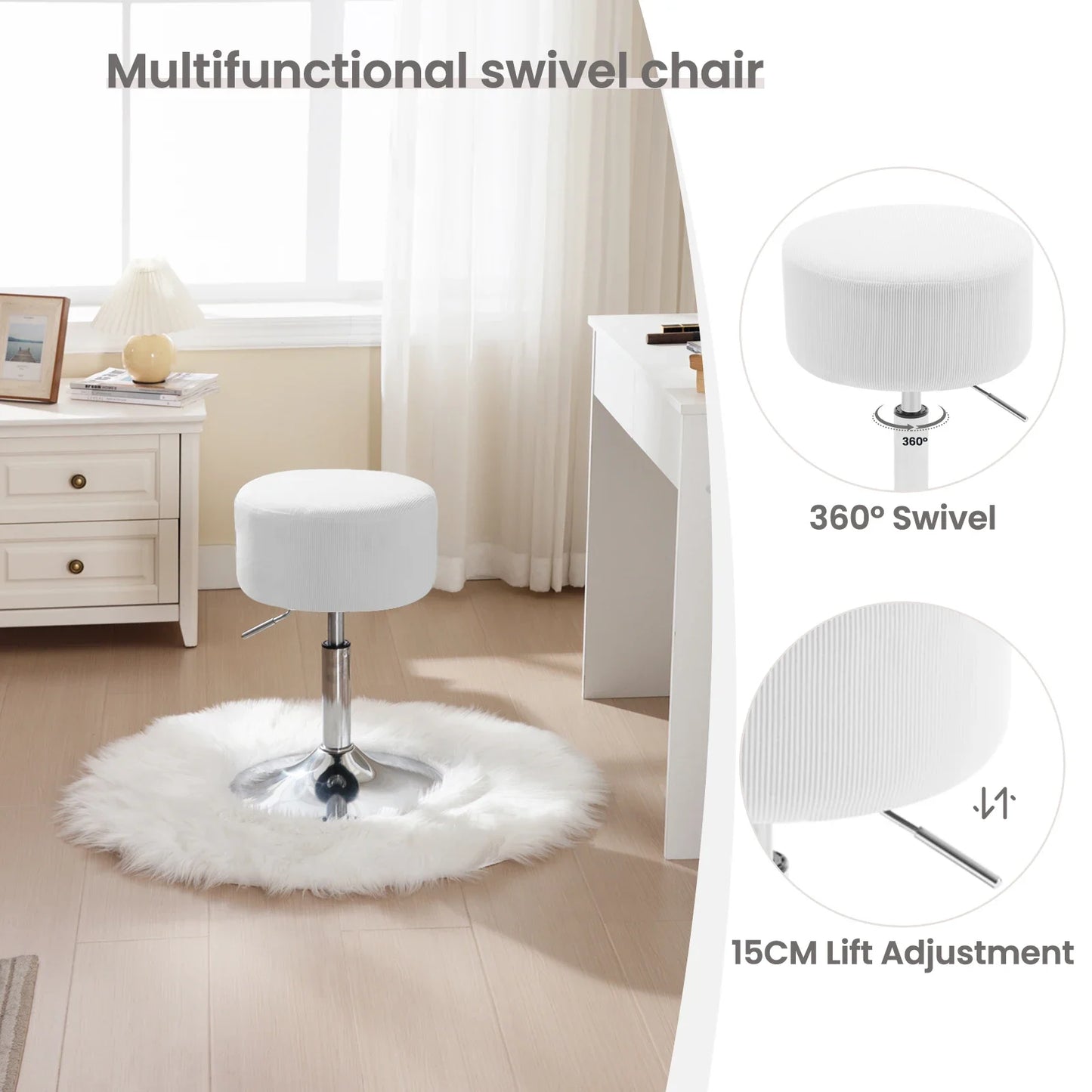 1PC White Round Swivel Bar Stools Height-Adjustable Makeup Stools Corduroy Padded Stools for Office Kitchen Home