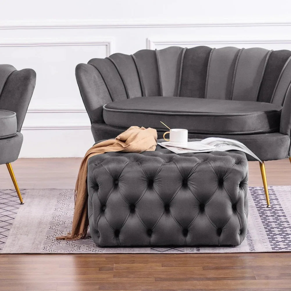 Grey Square Velvet Upholstered Buttoned Footstool
