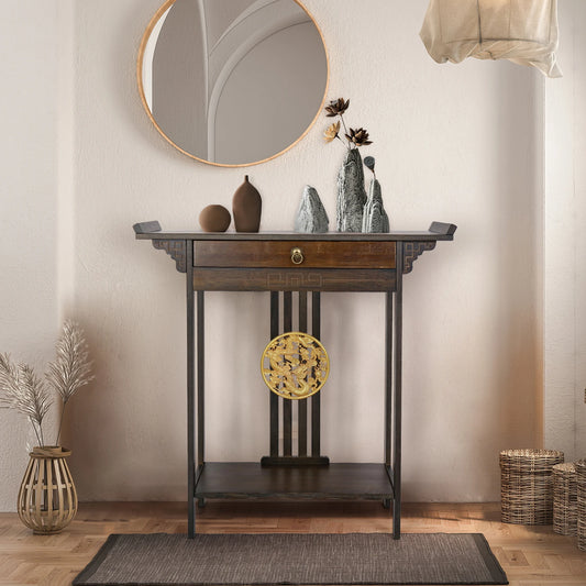 Console Table Chinese Entryway Sofa Side Table Skinny Hallway Table Sofa Table Furniture Rustic Brown with Drawer＆Shelf