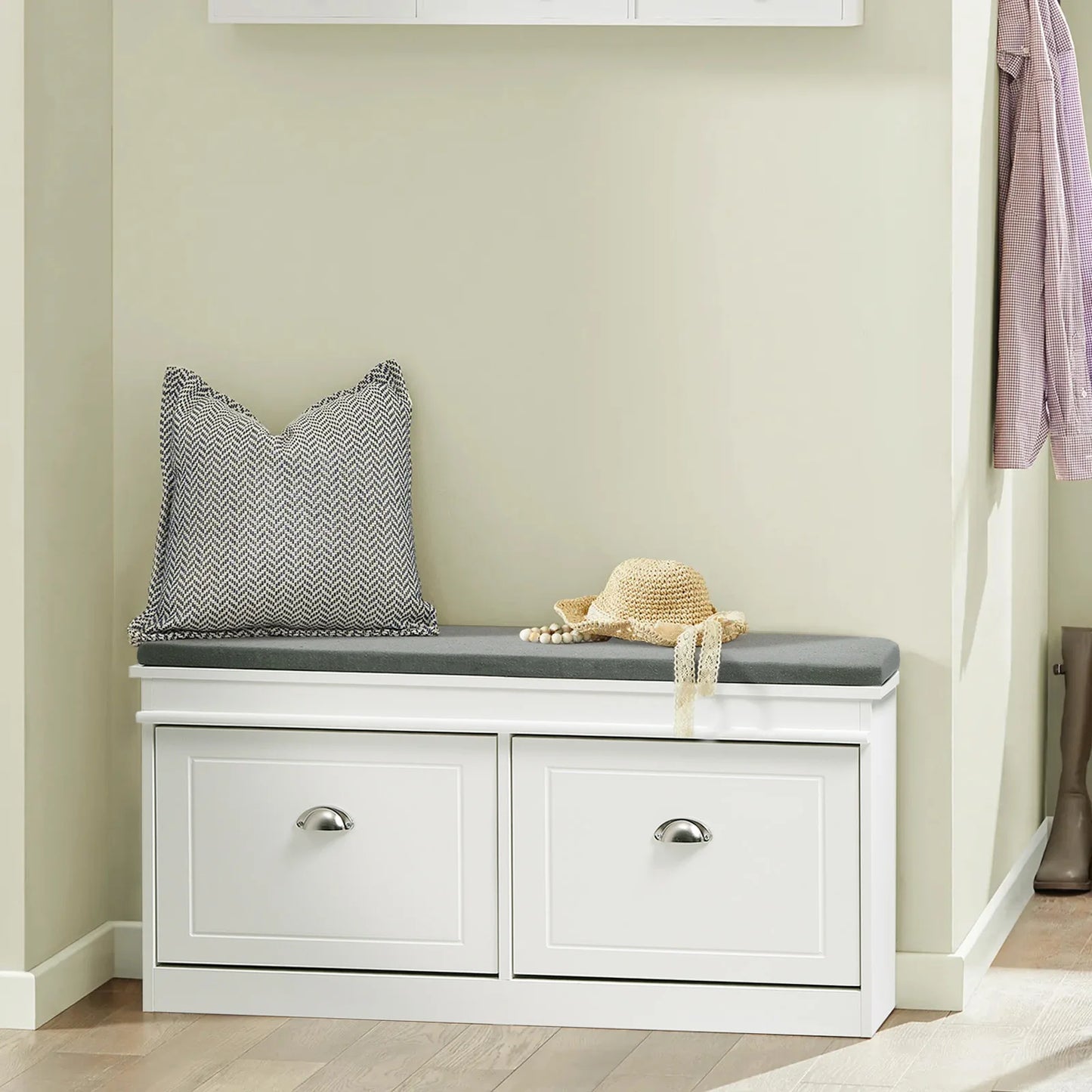 White 2 Drawer Flip Down Wooden Shoe Bench Cabinet Flip Down Design with Soft Cushions