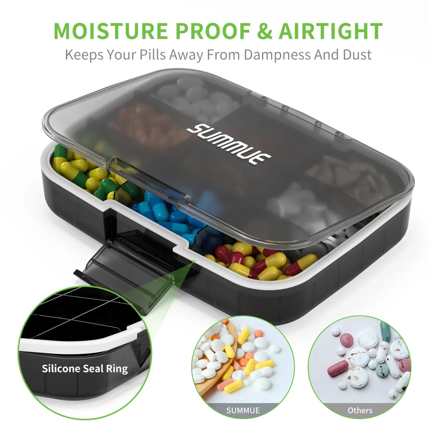 SUMMUE Large Pill Organizer, 9 Compartments Portable Travel Pill Box Case Moisture Proof, XL Pill Container Holder Playing cards