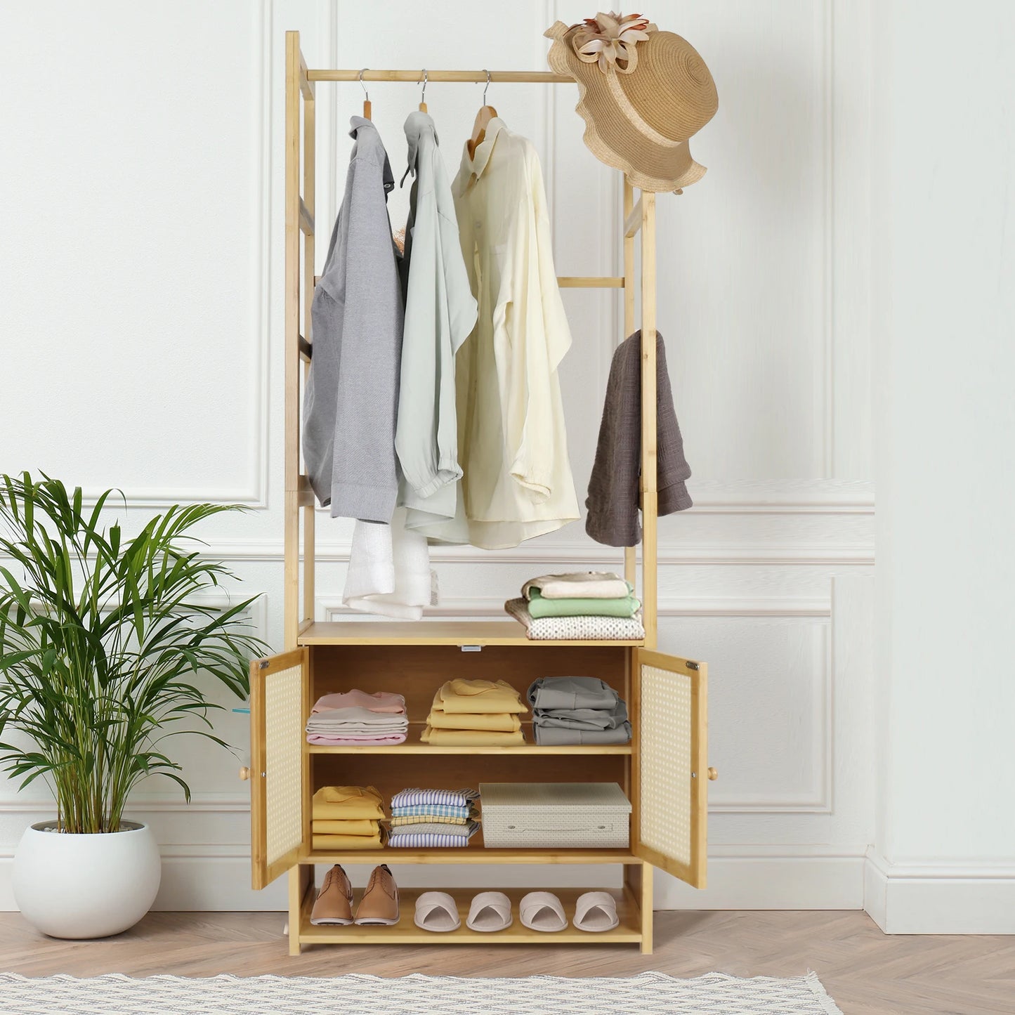 Clothes Stand with Cabinet Free-standing Bamboo Open Garment Rack with Storage Shelves Hanging Clothes Rack for Living Room