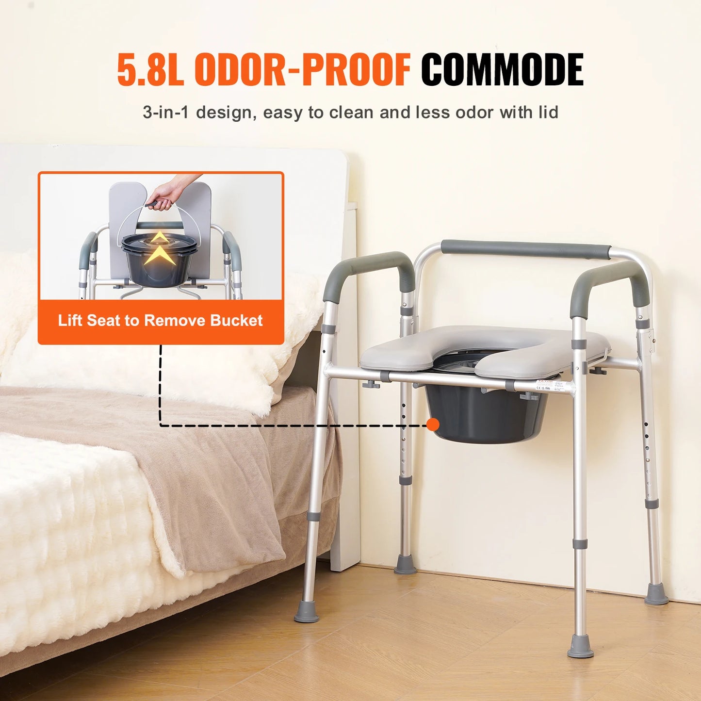 VEVOR Commode Chair Bedside Commode with Padded Seat and Arms, 7-Level Adjustable Height 5.8L Removable Bucket Easy to Assemble