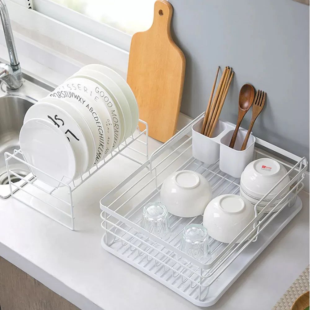 2 Tier Dish Drying Rack Kitchen Adjustable Stainless with Drain Basket Countertop Dinnerware Organizer Drainboard Storage Holde