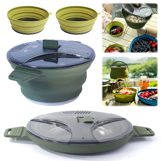 Portable Folding Pot Lunch Box Camping Pot Set with 2 Foldable Bowls Silicone Cooking Food Container Outdoor Camping Tableware