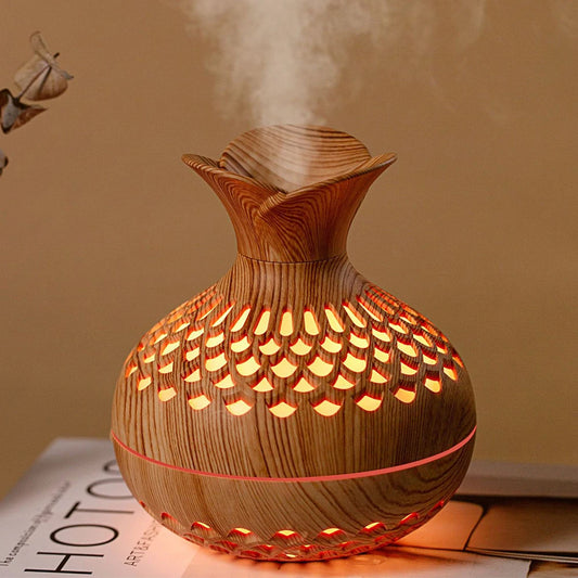 300ML Wood Grain Flower Humidifier Silent Aromatherapy Diffuser USB Rechargeable Mini Air Humidifier with Colorful Night Light