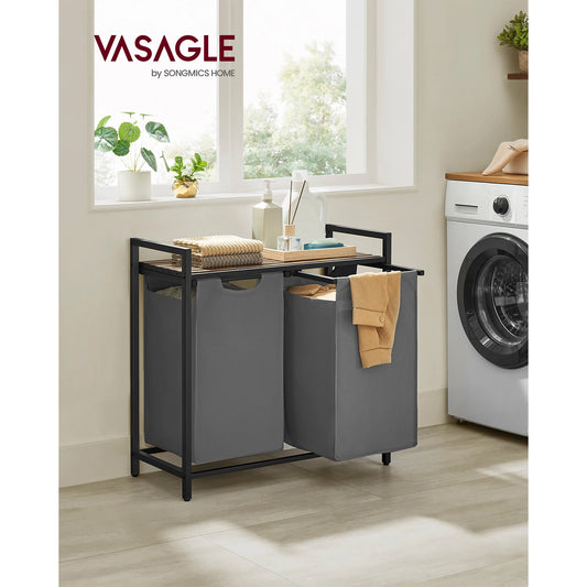 VASAGLE Laundry Basket, 2-Compartment, Pull-Out and Removable Laundry Bags,Metal Frame, 2 x 46L, 73 x 33 x 72 cm