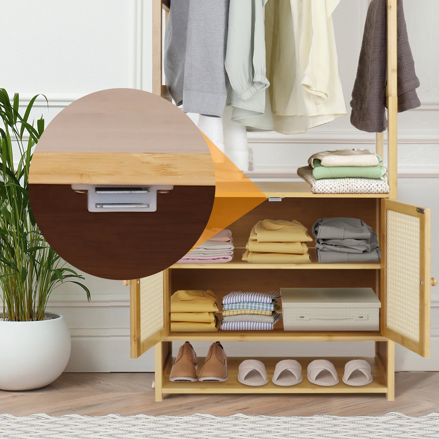 Clothes Stand with Cabinet Free-standing Bamboo Open Garment Rack with Storage Shelves Hanging Clothes Rack for Living Room