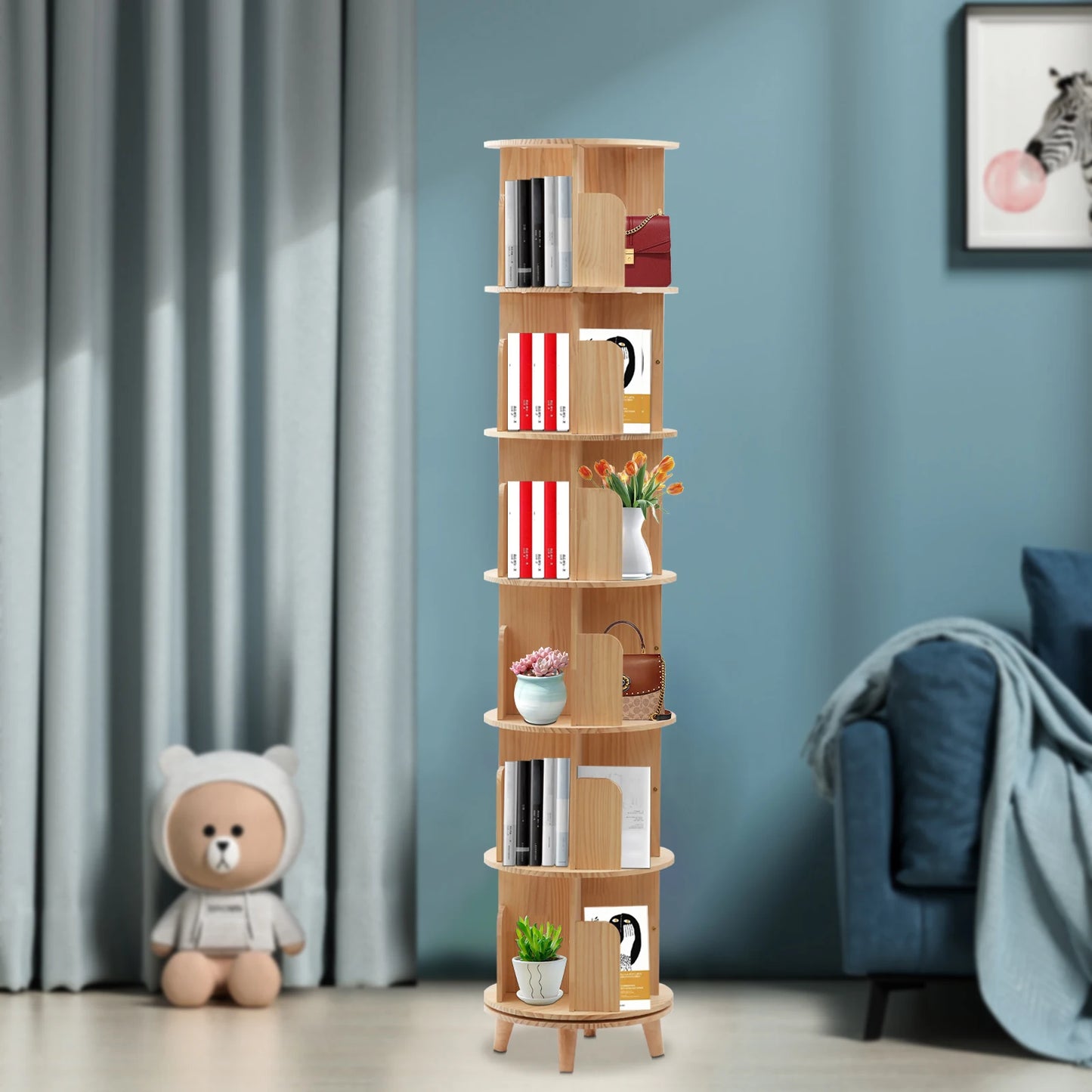 1/2/3/4/5/6 Tier Wooden Bookcase Rotatable Floor Stand Multifunctional Showcase Organizer