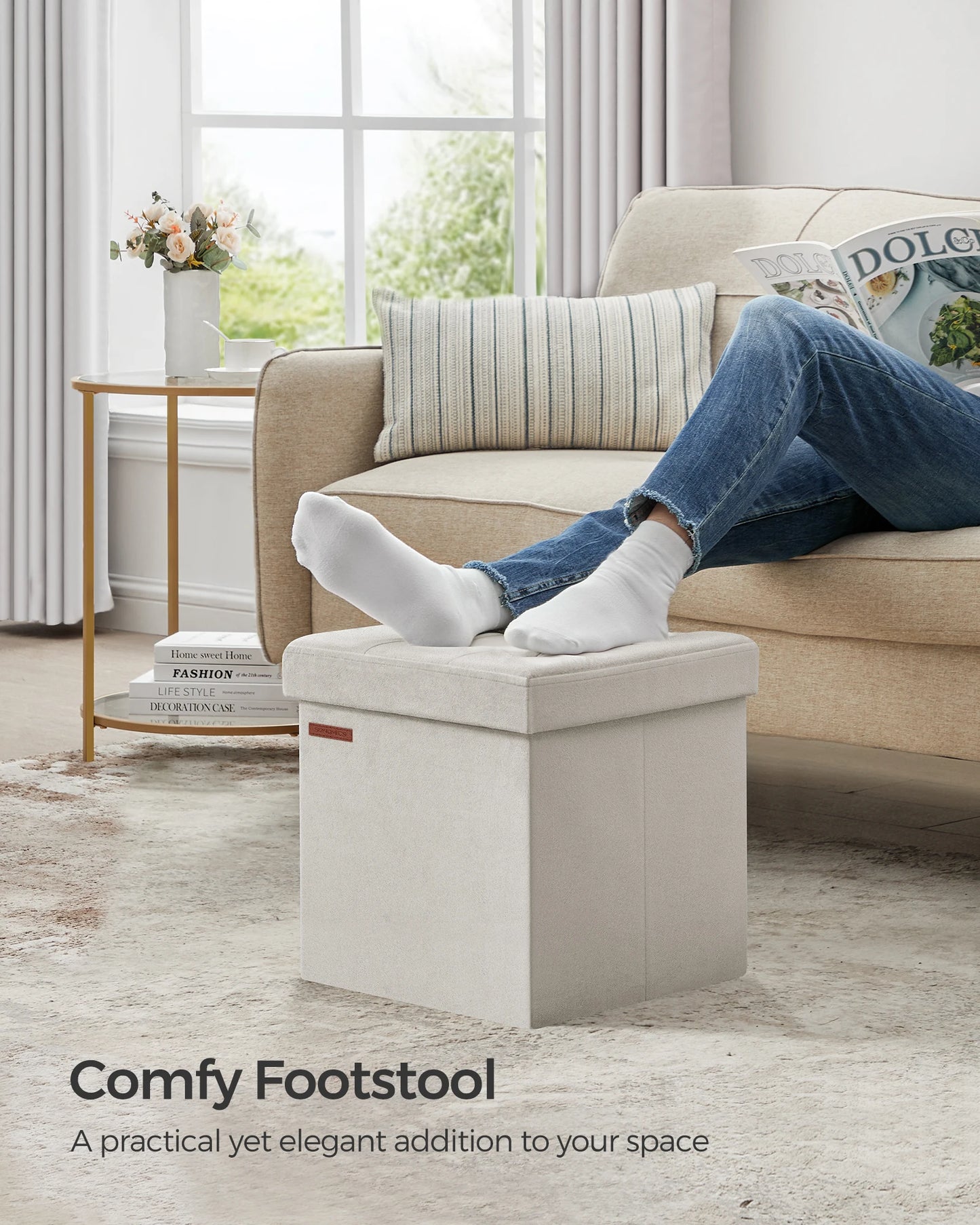 SONGMICS Storage Ottoman, Foldable Small Ottoman Foot Rest, Ottoman with Storage, Load up to 300 kg, for Living Room, Bedroom