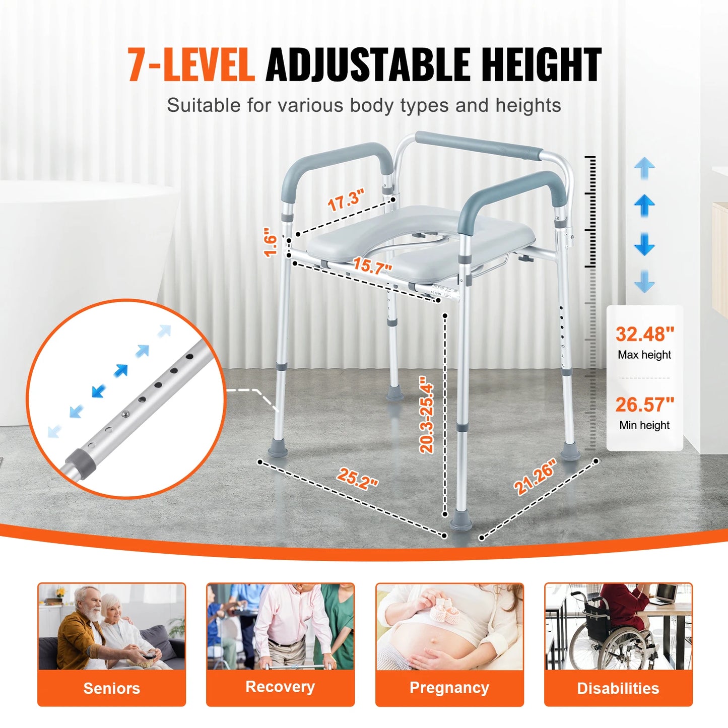 VEVOR Commode Chair Bedside Commode with Padded Seat and Arms, 7-Level Adjustable Height 5.8L Removable Bucket Easy to Assemble