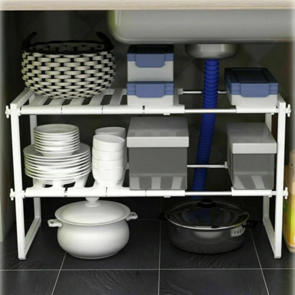 Under Sink Storage Caddy Multi Purpose Rack Adjustable Tidy 2 Tier Shelf Kitchen