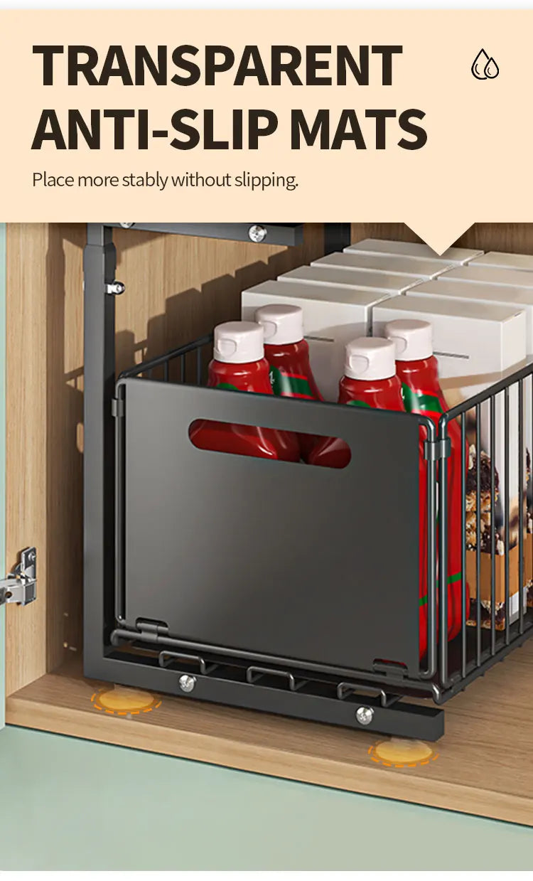 2-tier Under Sink Storage Organizer,Ajustable Sliding Cabinet Storage Basket,Kitchen Storage Rack with suction cups,Pull out Cab