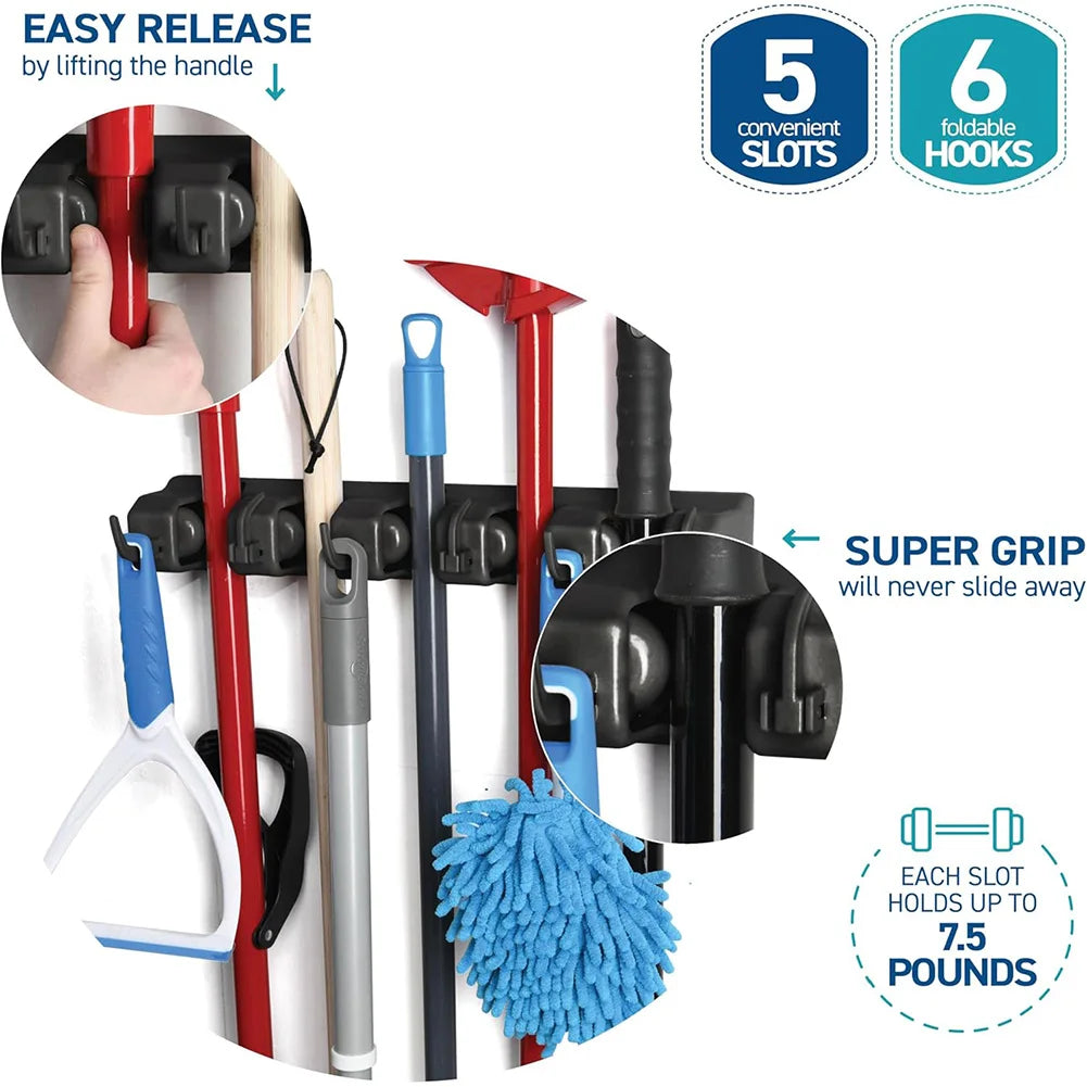 Broom and Mop Holder Mop Organizer Hook 5 Position 6 Hooks Hanger Broom Storage Hook Multipurpose for Kitchen Bathroom