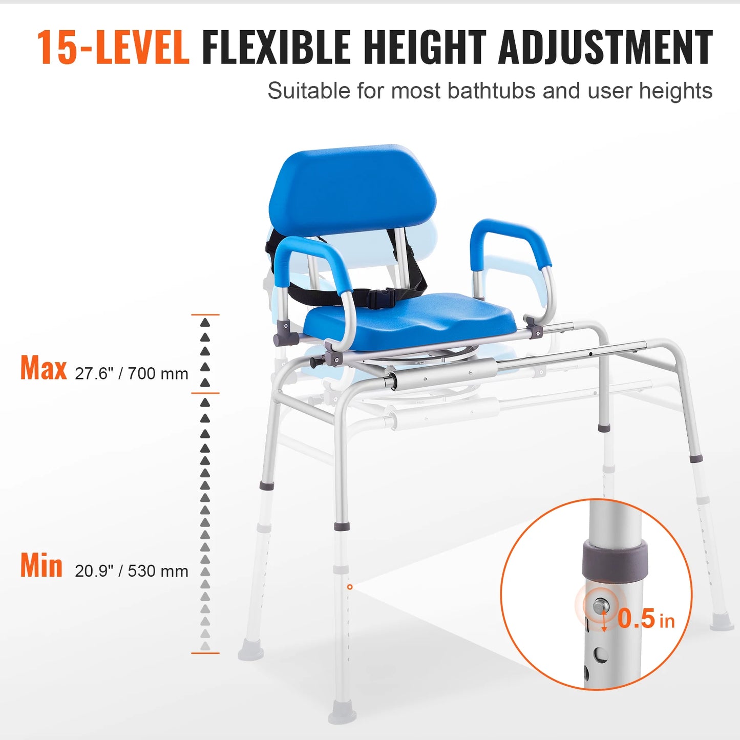 VEVOR Sliding Tub Transfer Bench with 360 Degree Swivel Seat Safety Belt Height Adjustable Bath Chair for Elderly Disabled 330LB