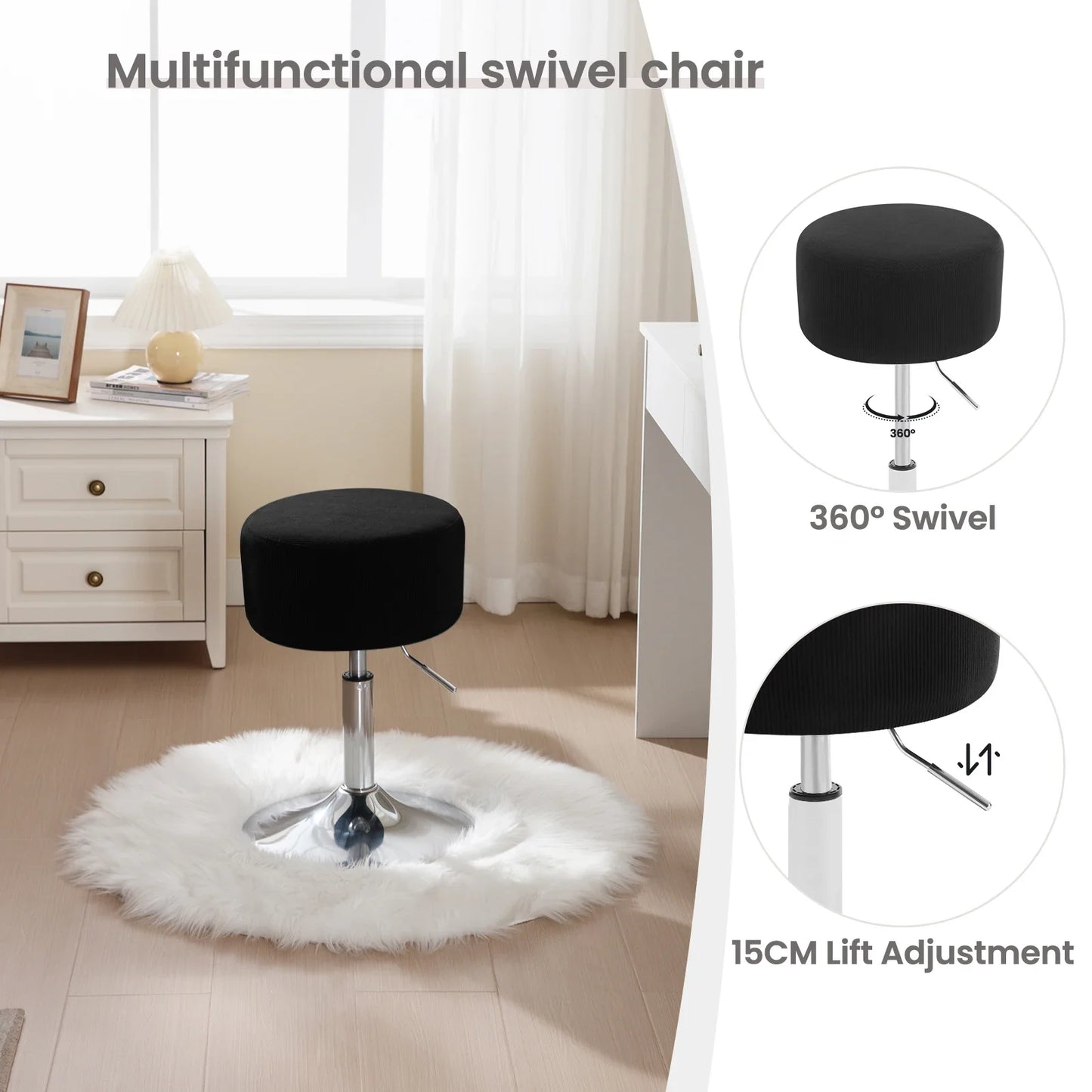 1PC White Round Swivel Bar Stools Height-Adjustable Makeup Stools Corduroy Padded Stools for Office Kitchen Home