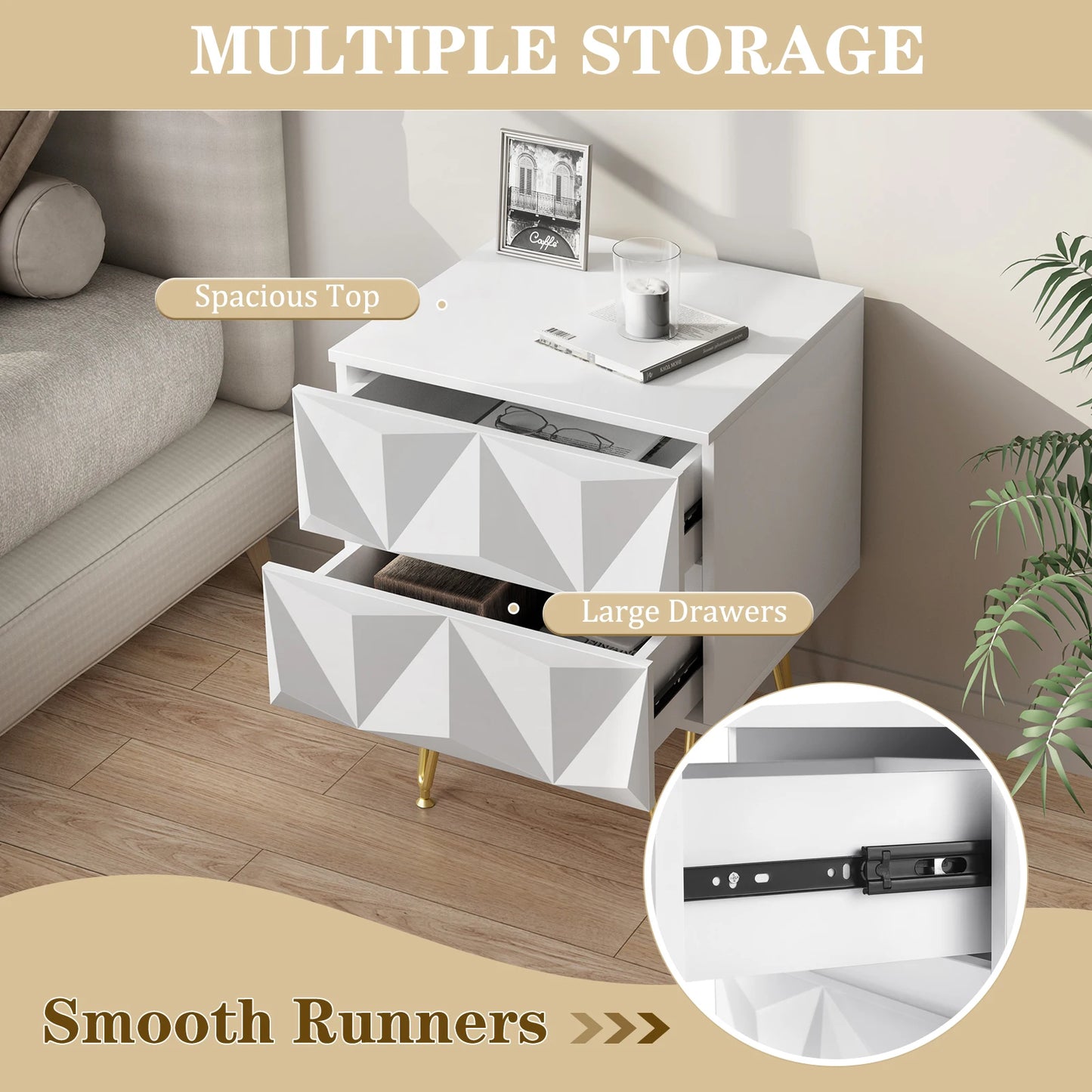 Bedside Table 40x53x40cm Decorative Adult Nightstand Modern Storage Unit with 2 Drawers 3D Effect for Bed Bedroom Living Room