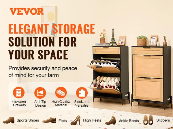 VEVOR Shoe Storage Organizer with 2 Flip Rattan Drawers&1 Slide Drawer Metal Legs Slim Shoe Cabinet for Entryway Closet Hallway