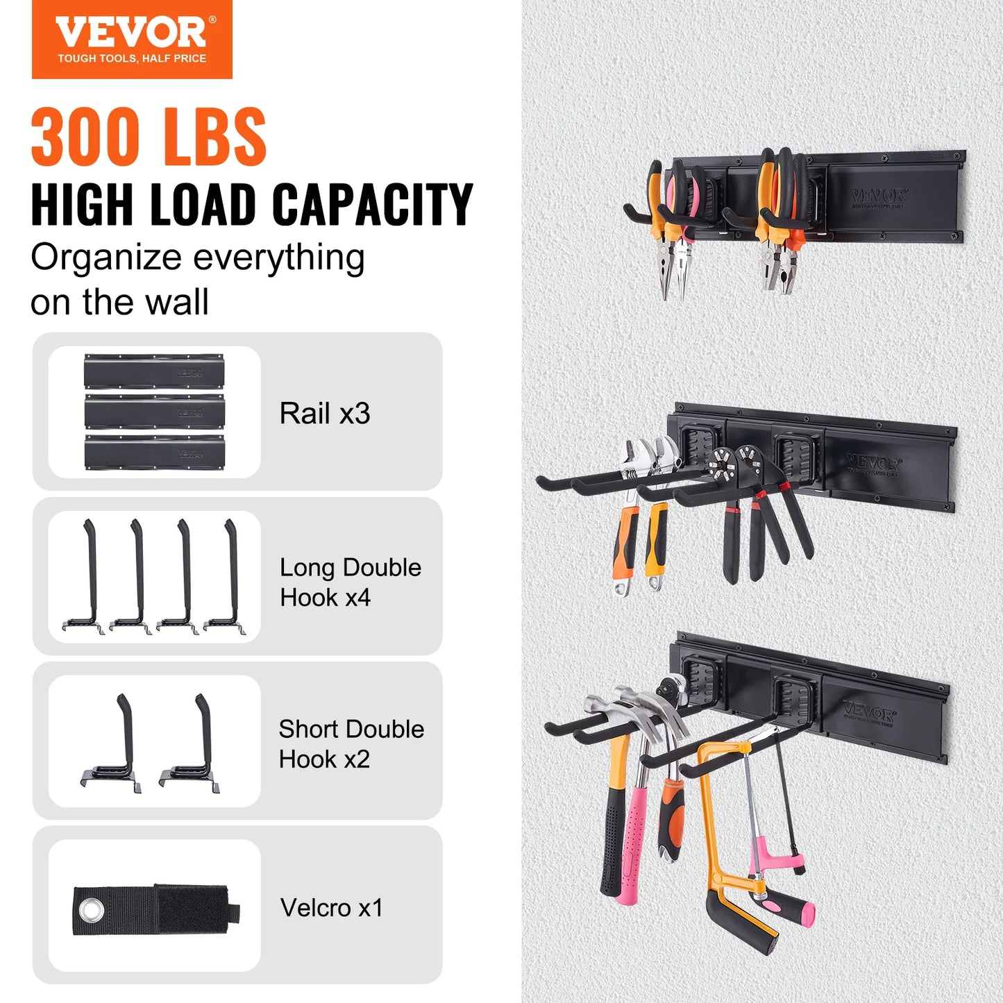 VEVOR Garage Tool Organizer Wall Mount Yard Garden Heavy Duty Storage Rack with Adjustable Hooks Rails for Shovels Trimmers Hose