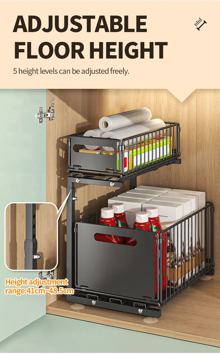 2-tier Under Sink Storage Organizer,Ajustable Sliding Cabinet Storage Basket,Kitchen Storage Rack with suction cups,Pull out Cab
