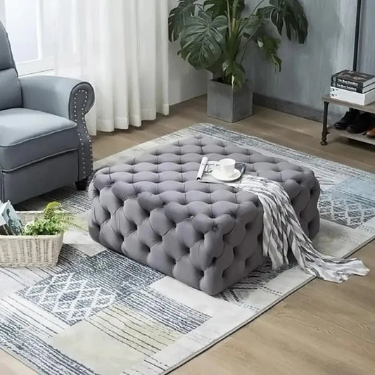 Grey Square Velvet Upholstered Buttoned Footstool