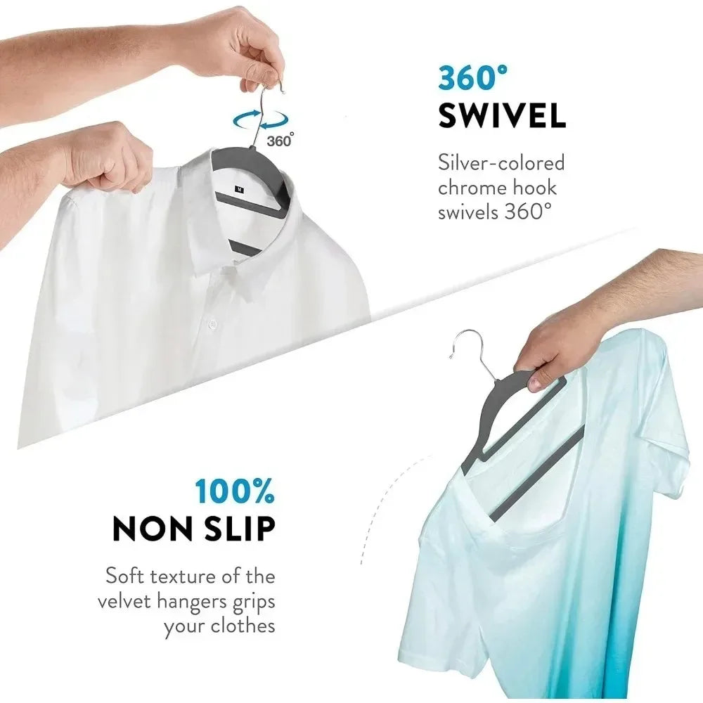 Velvet Hangers 20 Pack Clothes Hanger W/Tie Bar Non Slip Swivel Hook Slim Felt Hangers Suits Clothes Pants Coat Hanger Gray
