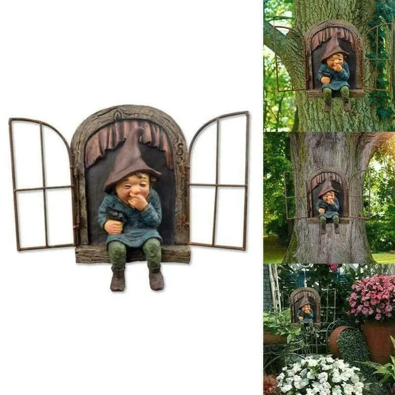Creative Garden Gnome Statue Elf Out Tree Hug Suitable for Home Courtyard Porch Table Decoration
