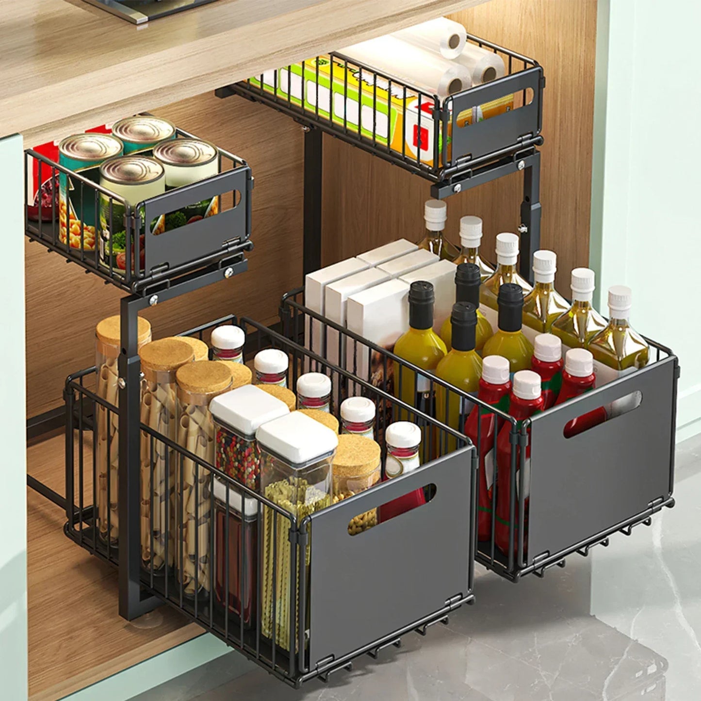 2-tier Under Sink Storage Organizer,Ajustable Sliding Cabinet Storage Basket,Kitchen Storage Rack with suction cups,Pull out Cab