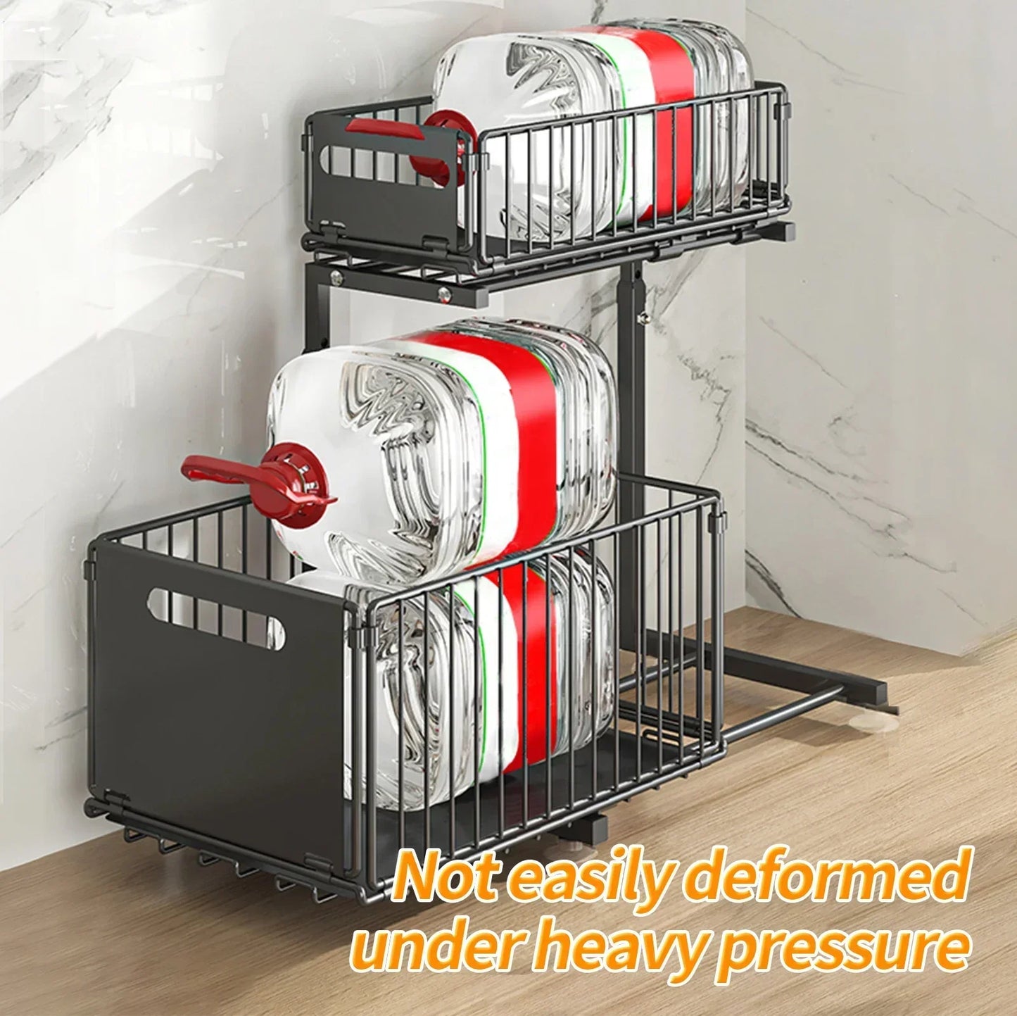2-tier Under Sink Storage Organizer,Ajustable Sliding Cabinet Storage Basket,Kitchen Storage Rack with suction cups,Pull out Cab
