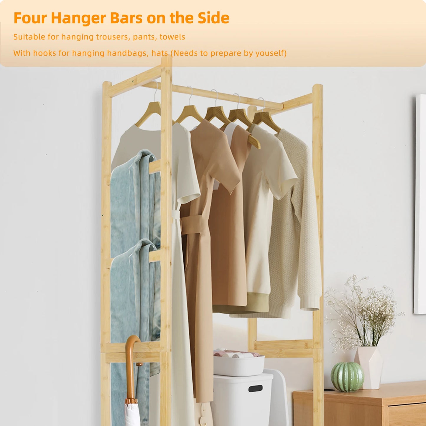 Clothes Stand with Cabinet Free-standing Bamboo Open Garment Rack with Storage Shelves Hanging Clothes Rack for Living Room