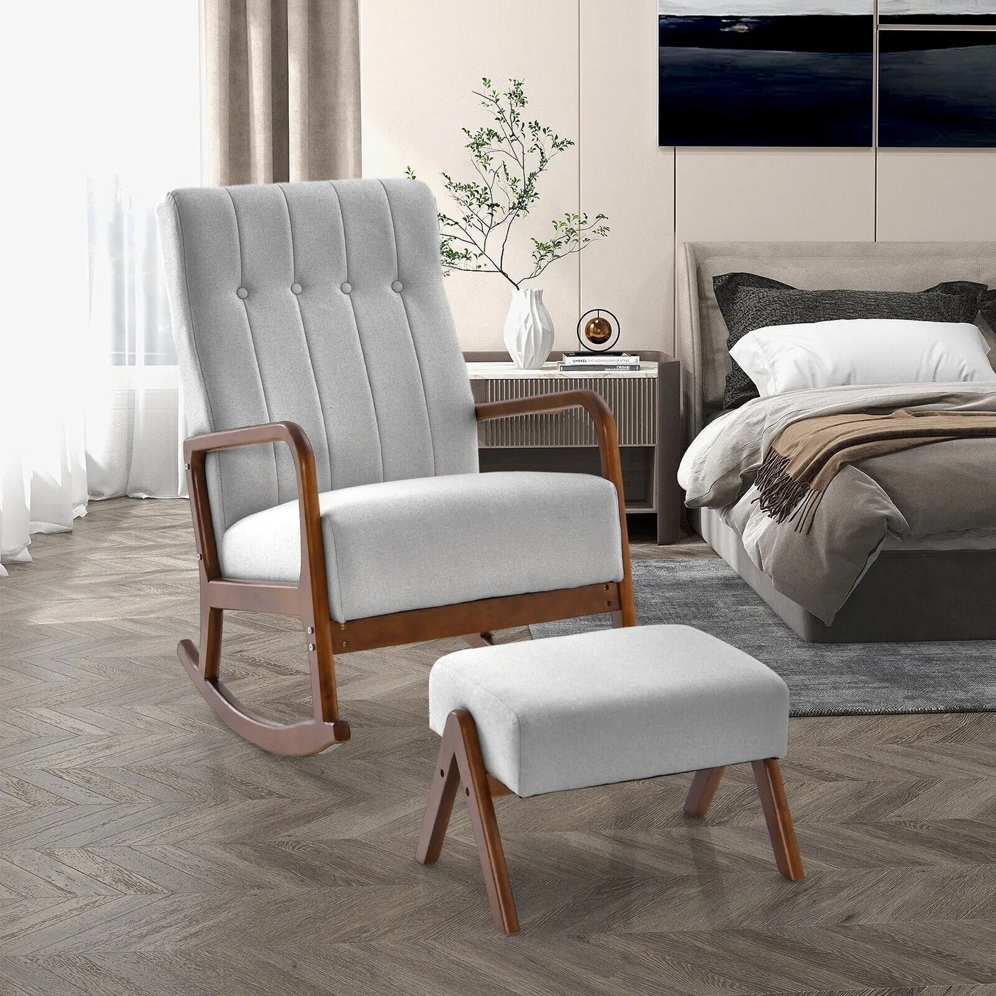 GOFLAME Rocking Chair with Ottoman Upholstered Fabric Tufted Glider Chair & Footrest Set