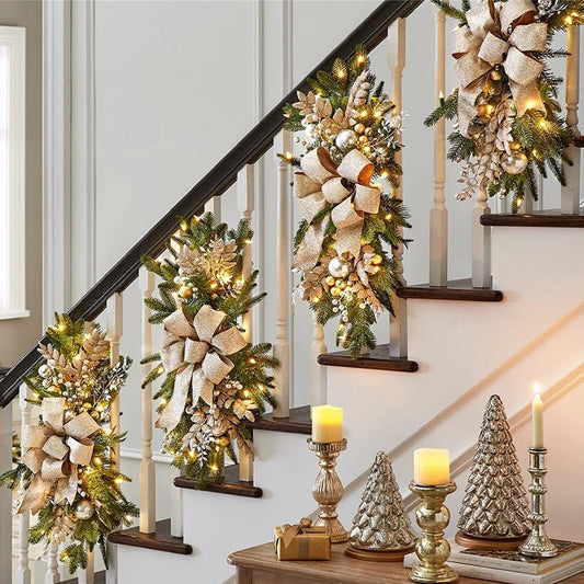 Christmas Swag Wreath Pendants Ornament Christmas Wreath without/with Light Home Door Window Decoration Party Supplies