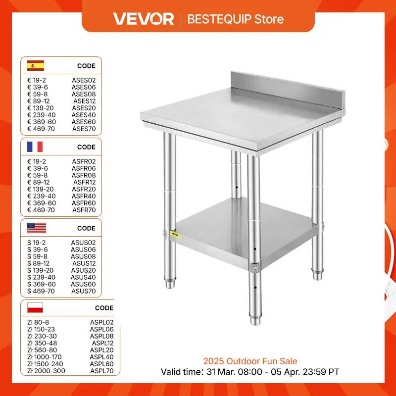 VEVOR Kitchen Work Bench Commercial Catering Table Worktable with Undershelf Stainless Steel 330LBS 286LBS for Restaurant Garage